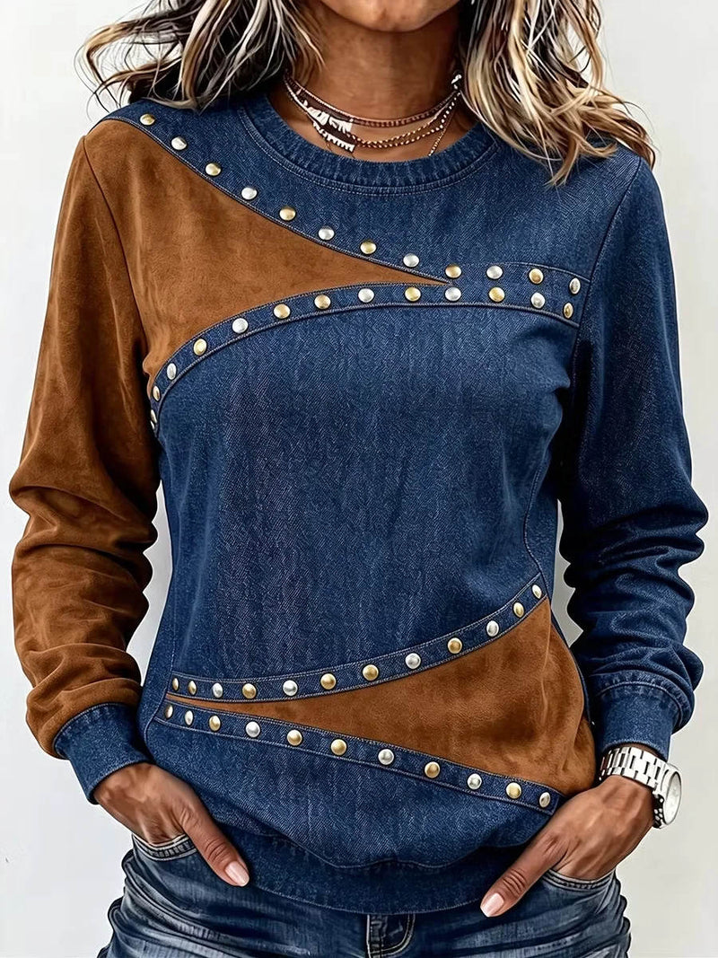 Women's Navy Brown Metal Dot Print Round Neck Long Sleeve Sweatshirt