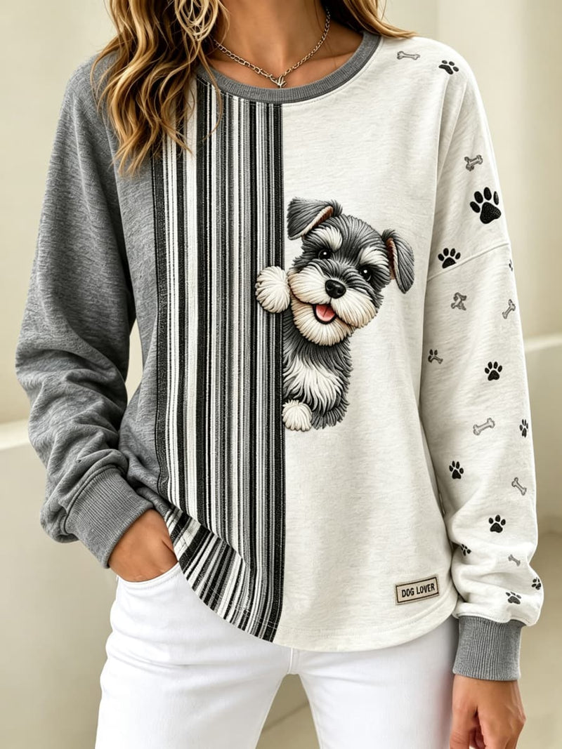 Women's Grey White Patchwork Schnauzer Dog Paw Print Round Neck Long Sleeve Sweatshirt