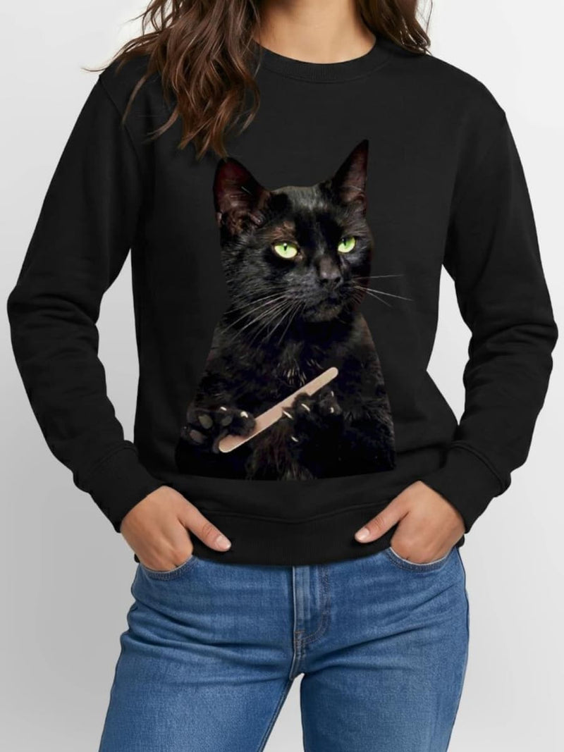 Women's Black Fun Cat Nail File Print Round Neck Long Sleeve Sweatshirt