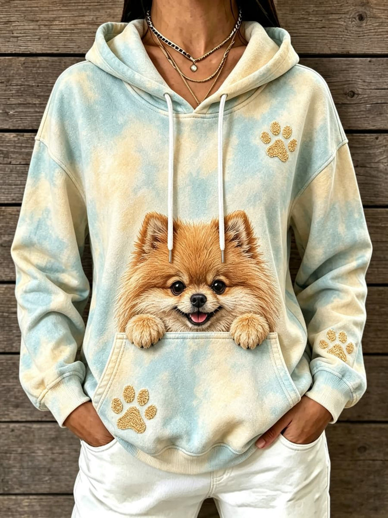 Women's Light Blue Beige Tie Dye Pomeranian Dog Paw Print Hooded Long Sleeve Hoodie