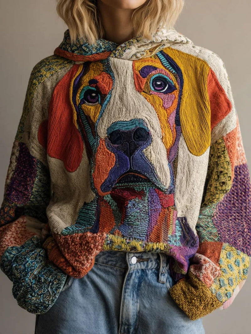 Women's Multi Color Patchwork Dog Portrait Print Hooded Long Sleeve Hoodie