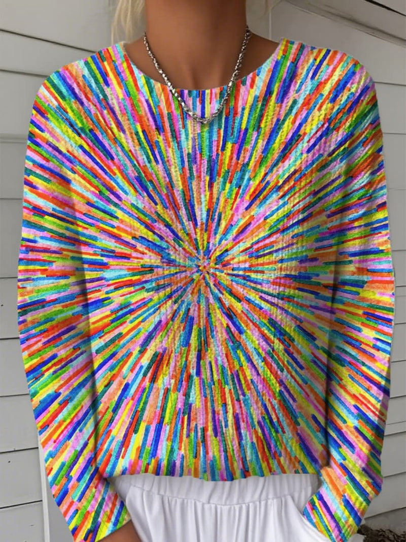 Women's Multi Color Radial Line Print Round Neck Long Sleeve Sweatshirt