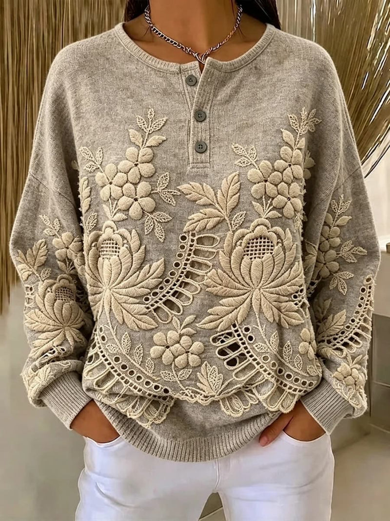 Women's Heather Gray Floral Cutout Henley Round Neck Long Sleeve Sweatshirt
