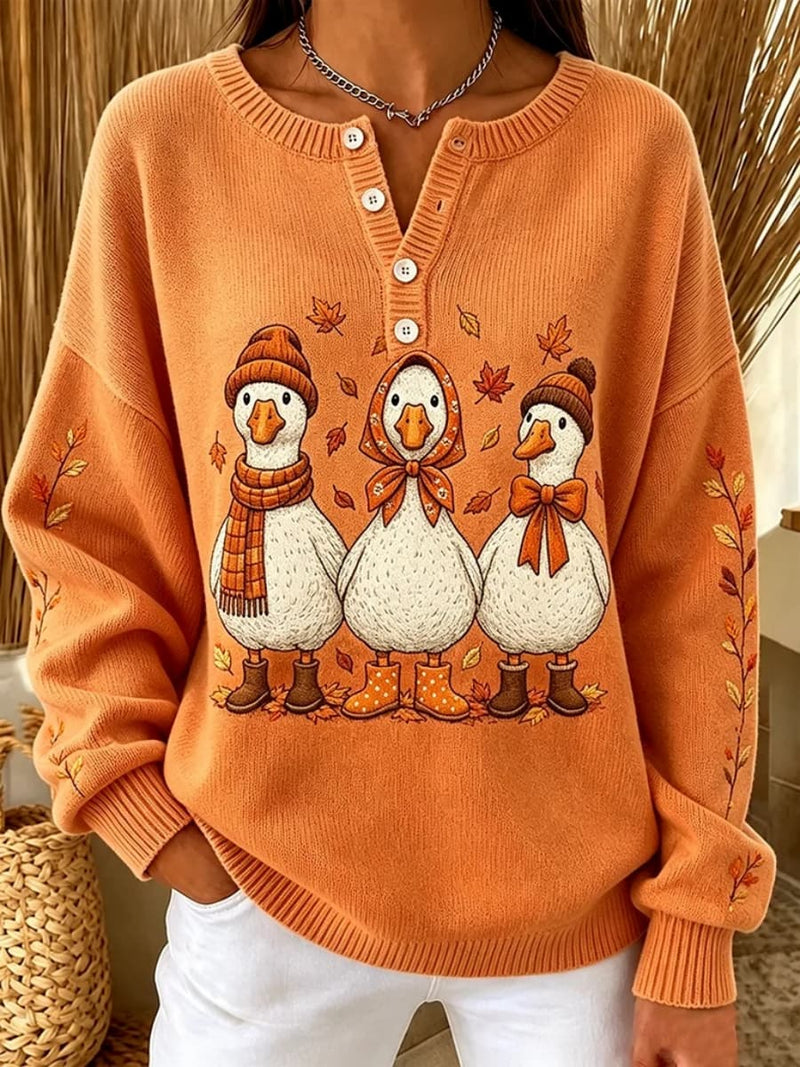 Women's Orange Duck Maple Leaf Print Henley Round Neck Long Sleeve Sweatshirt