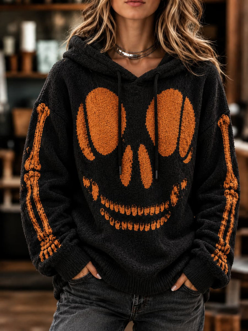 Women's Halloween Black Pumpkin Skull Skeleton Print Long Sleeve Hoodie