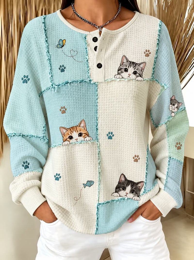 Women's White Light Blue Patchwork Cat Paw Print Button Round Neck Long Sleeve Sweatshirt