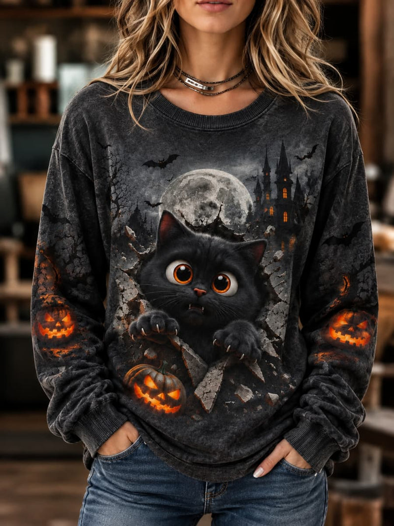 Women's Halloween Dark Gray Black Cat Pumpkin Castle Moon Print Round Neck Long Sleeve Sweatshirt