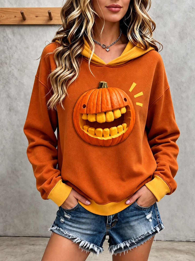 Women's Halloween Orange Funny Pumpkin Tooth Print Color Block Hooded Long Sleeve Hoodie