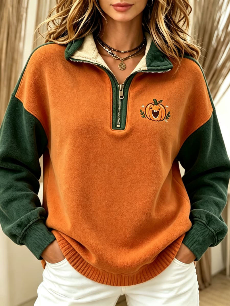 Women's Halloween Orange Green Color Block Cute Pumpkin Print Half Zip Collar Long Sleeve Sweatshirt