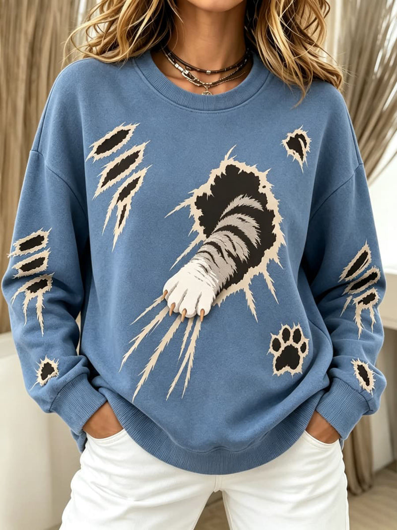 Women's Blue Cat Claw Break Through Print Round Neck Long Sleeve Sweatshirt