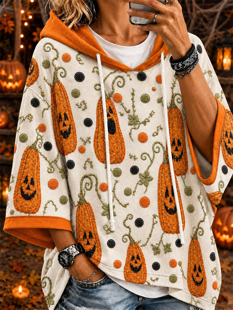 Women's Halloween Off White Color Block Funny Pumpkin Print Hooded 3/4 Sleeve Hoodie