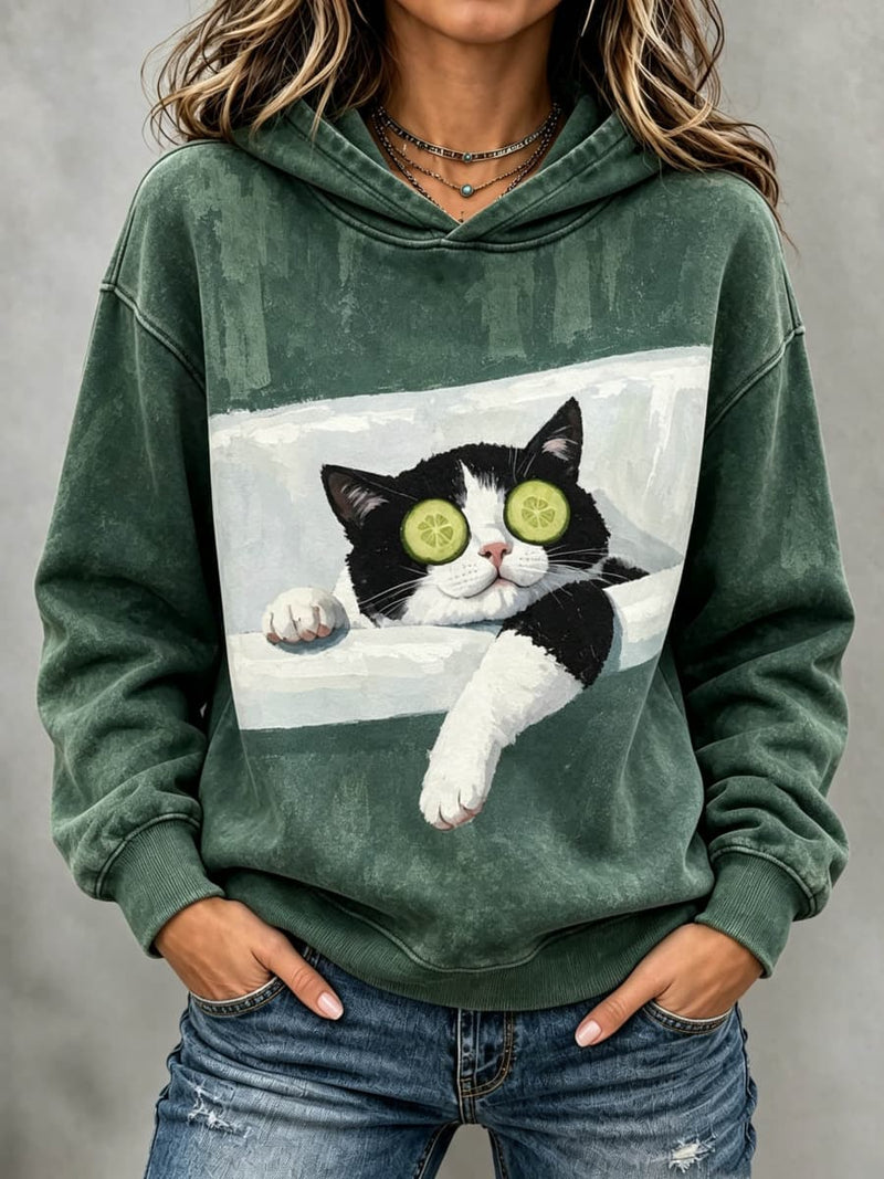Women's Green Funny Cucumber Eye Cat Print Hooded Long Sleeve Hoodie