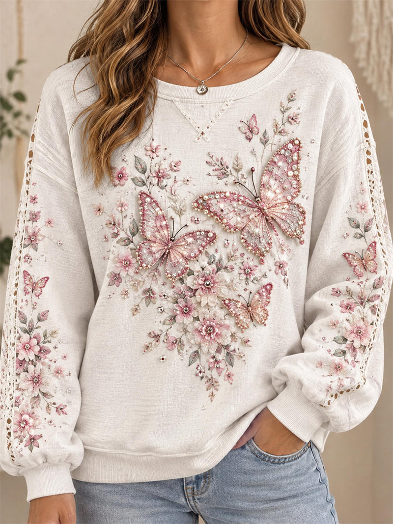 Women's Off White Butterfly Floral Print Round Neck Long Sleeve Sweatshirt