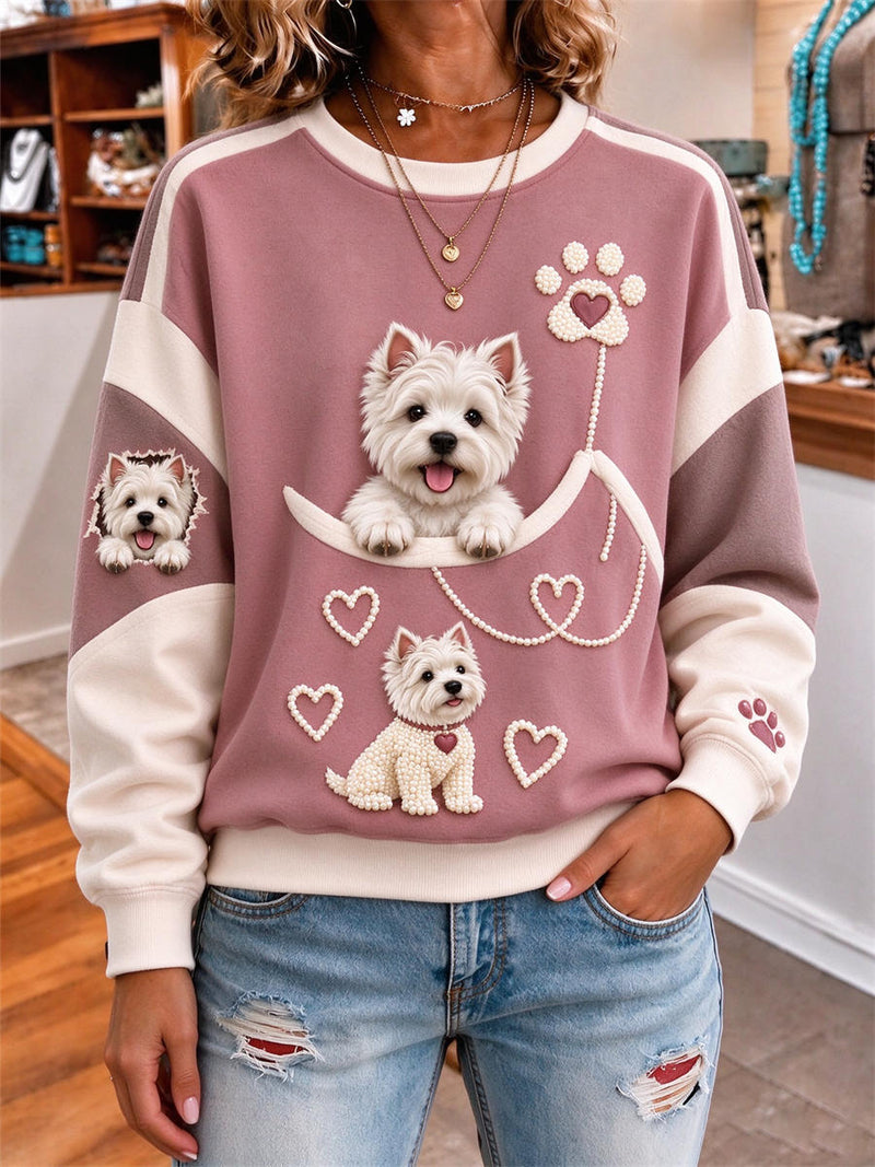 Women's Dusty Pink Color Block Westie Dog Heart Paw Print Round Neck Long Sleeve Sweatshirt