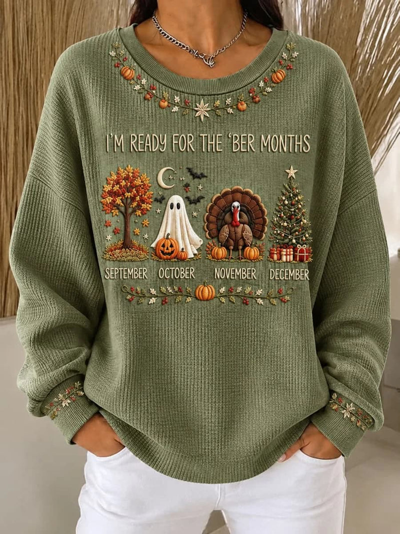 Women's Halloween Green Ghost Pumpkin Letter Print Crew Neck Long Sleeve Sweatshirt