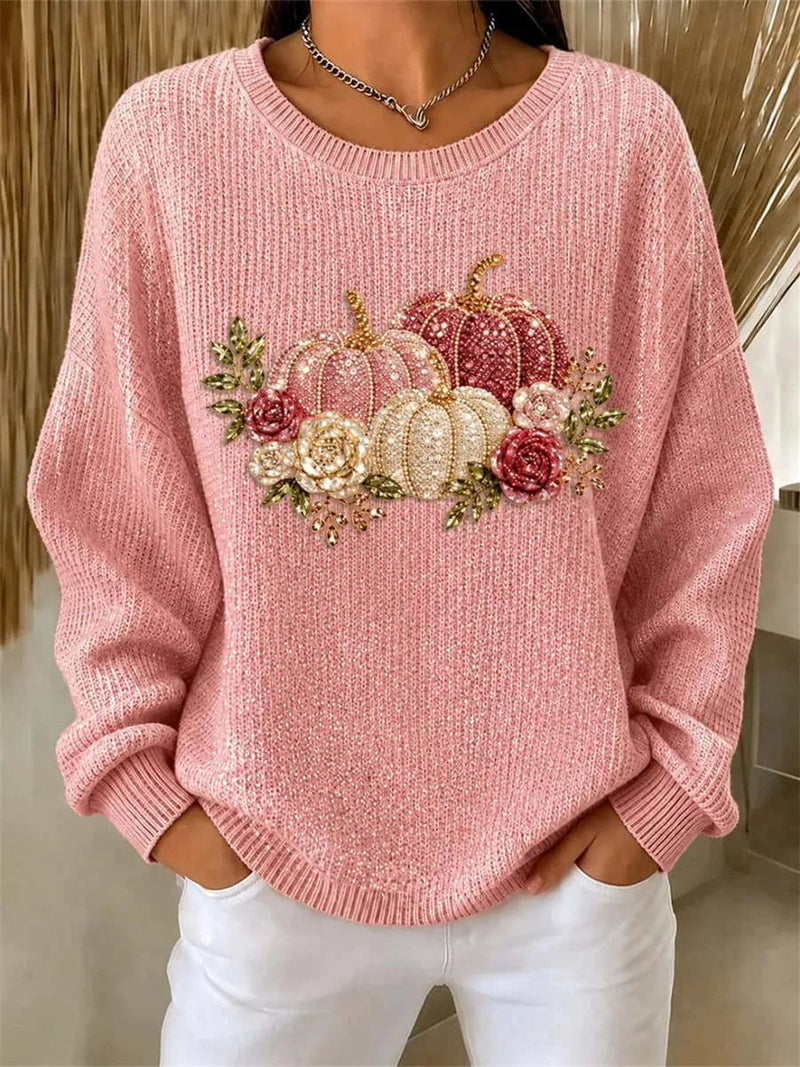 Women's Halloween Pink Pumpkin Floral Print Crew Neck Long Sleeve Sweatshirt
