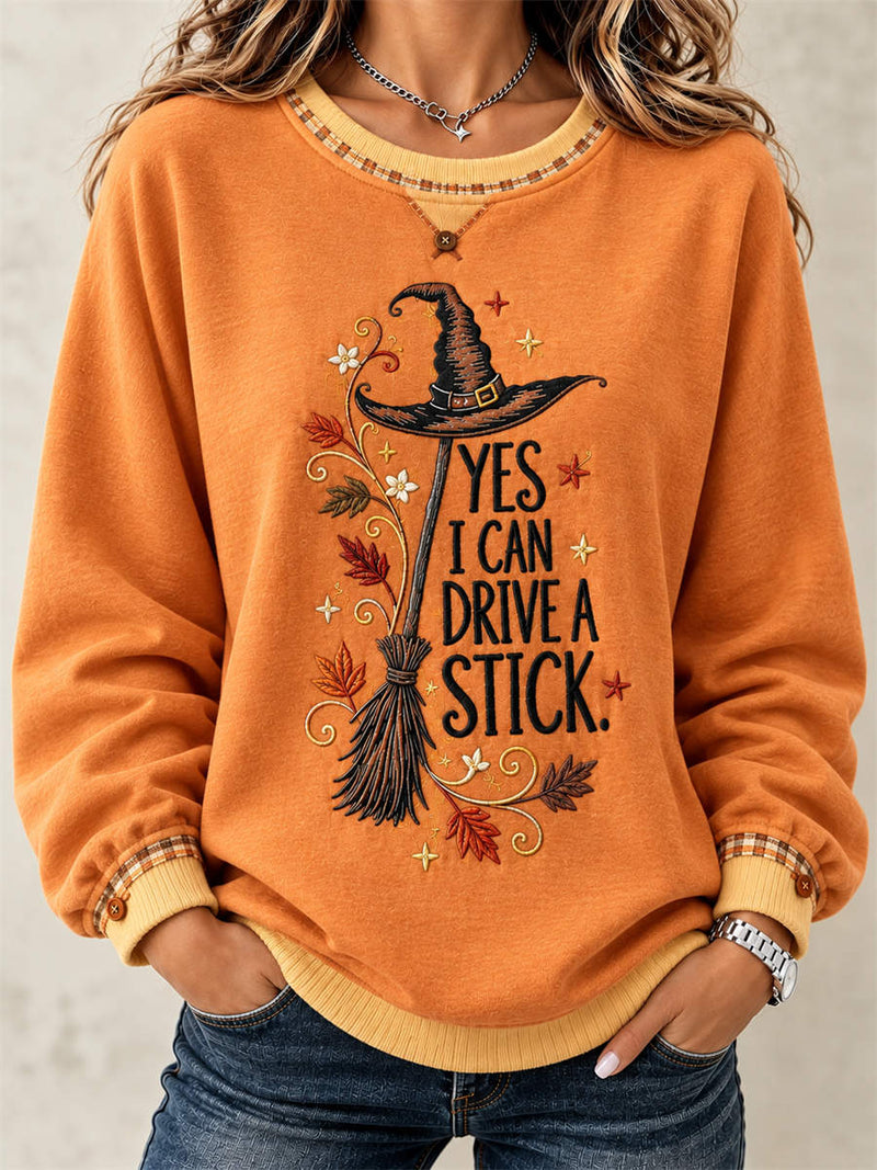 Women's Halloween Orange Witch Hat Broom Letter Print Round Neck Long Sleeve Sweatshirt