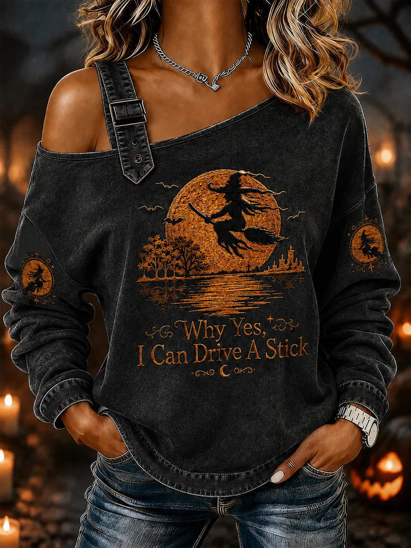 Women's Halloween Black Witch Moon Letter Print Cold Shoulder Strap Long Sleeve Sweatshirt