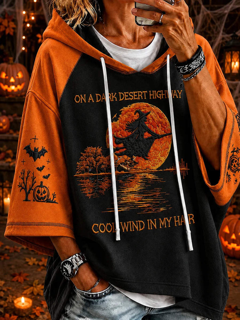 Women's Halloween Black Orange Witch Moon Letter Print Hooded 3/4 Sleeve Hoodie