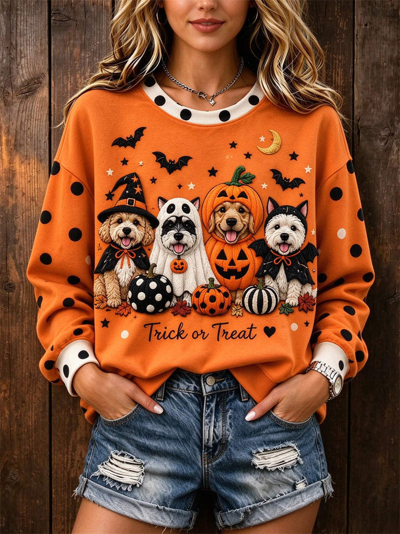 Women's Halloween Orange Cute Dog Pumpkin Bat Print Round Neck Long Sleeve Sweatshirt