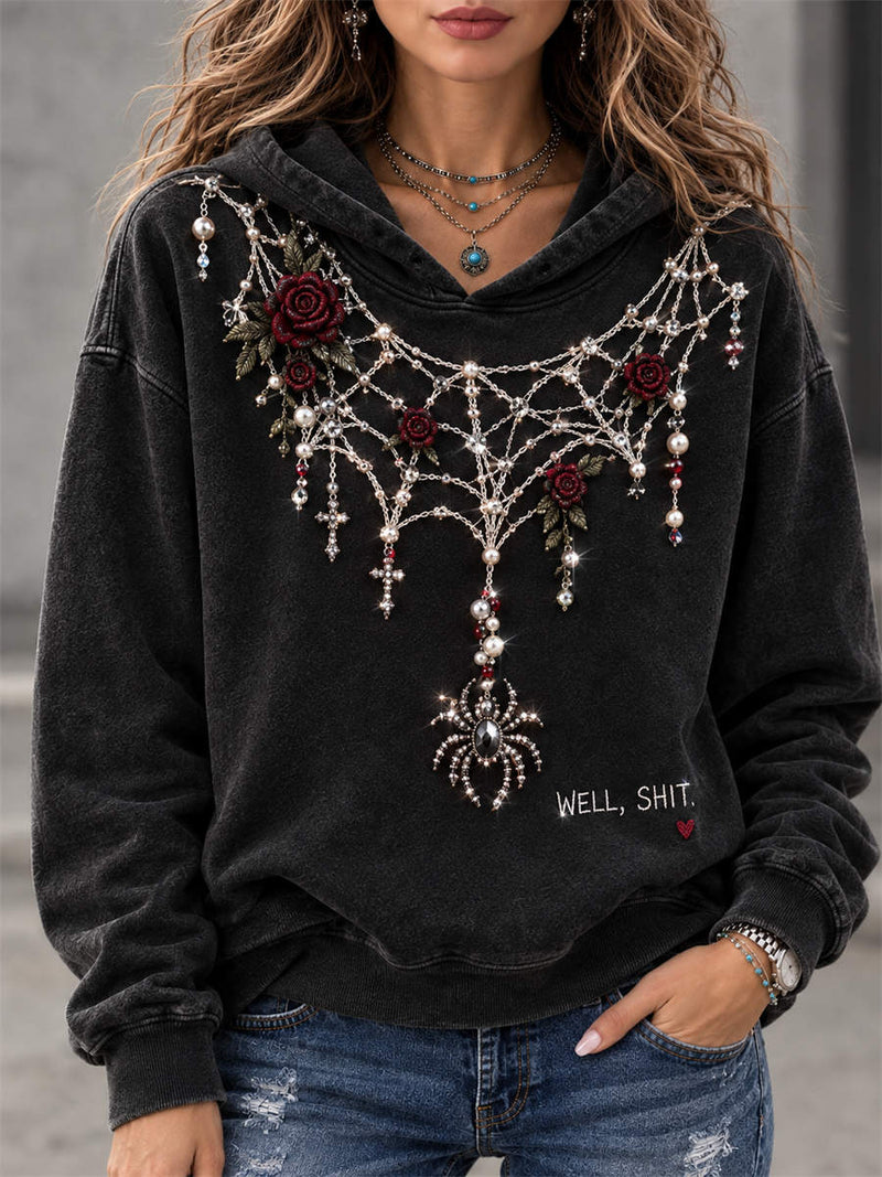 Women's Halloween Black Rose Spider Letter Print Hooded Long Sleeve Hoodie