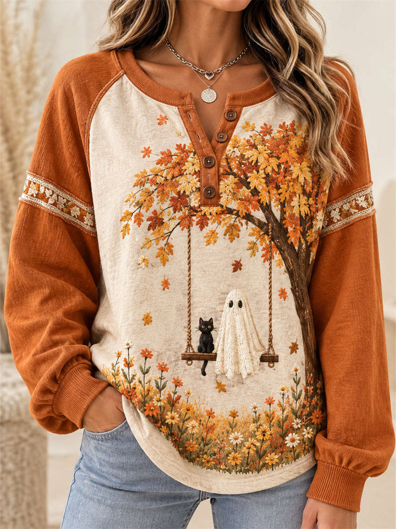 Women's Halloween Orange Beige Ghost Cat Autumn Tree Print Henley Long Sleeve Sweatshirt