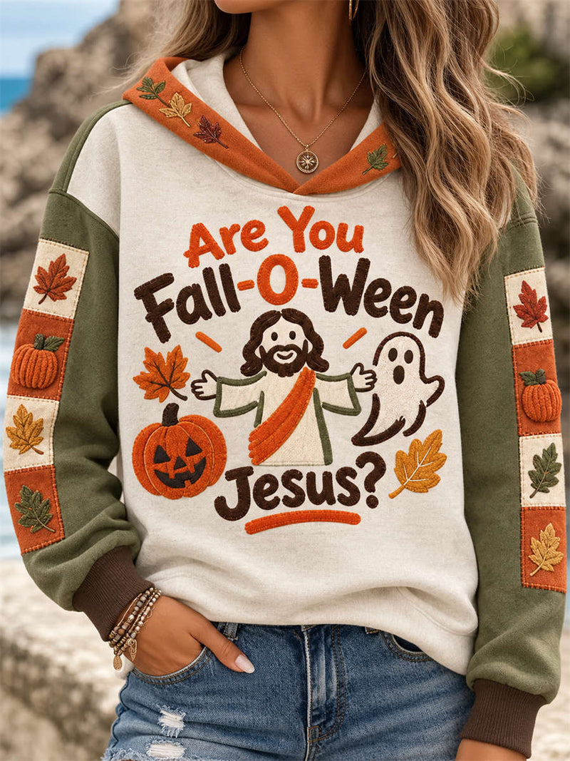 Women's Halloween White Green Color Block Pumpkin Ghost Letter Print Hooded Long Sleeve Hoodie