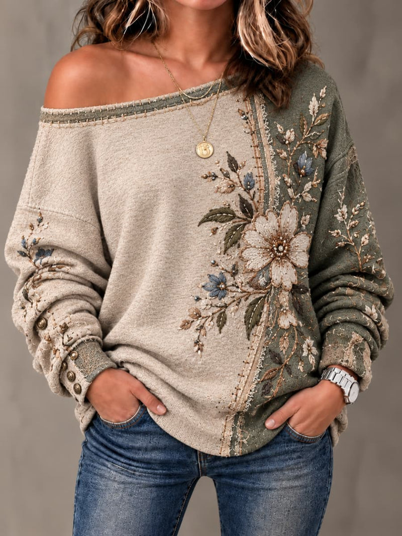 Women's Beige Green Floral Print Off Shoulder Long Sleeve Sweatshirt