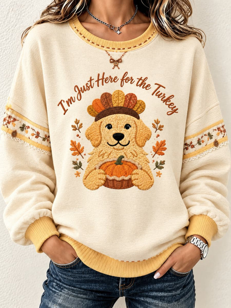 Women's Thanksgiving Beige Dog Pumpkin Pie Letter Print Round Neck Long Sleeve Sweatshirt