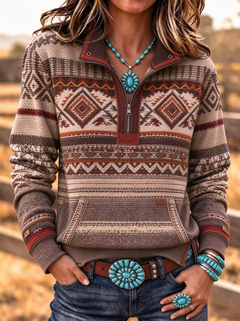 Women's Brown Geometric Print Quarter Zip Long Sleeve Sweatshirt