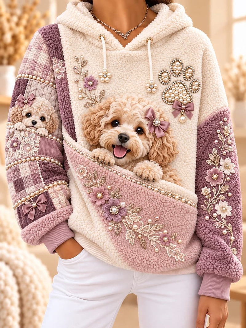 Women's Beige Purple Cute Dog Floral Print Hooded Long Sleeve Hoodie
