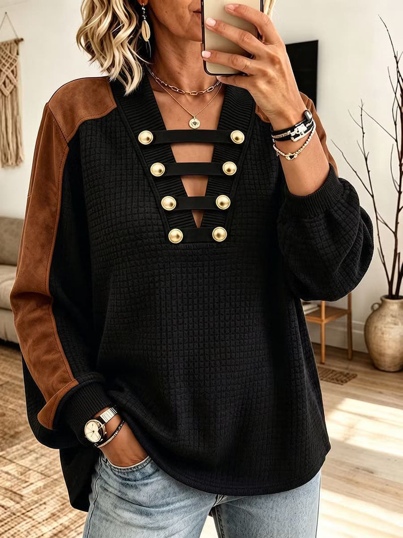 Women's Black Brown Color Block Button Decor V Neck Long Sleeve Sweatshirt