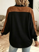 Women's Black Brown Color Block Button Decor V Neck Long Sleeve Sweatshirt