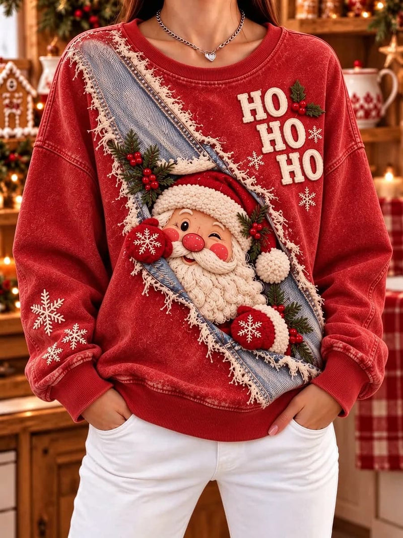 Women's Christmas Red Santa HO HO HO Print Round Neck Long Sleeve Sweatshirt