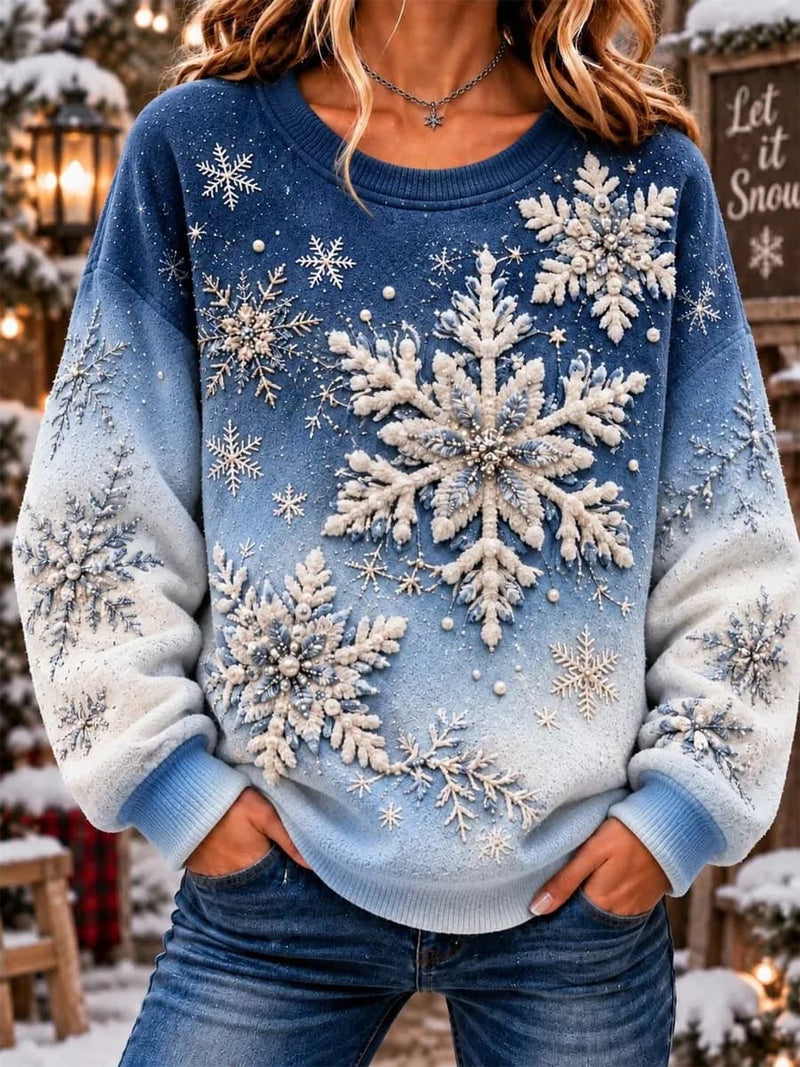 Women's Christmas Blue White Gradient Snowflake Print Round Neck Long Sleeve Sweatshirt