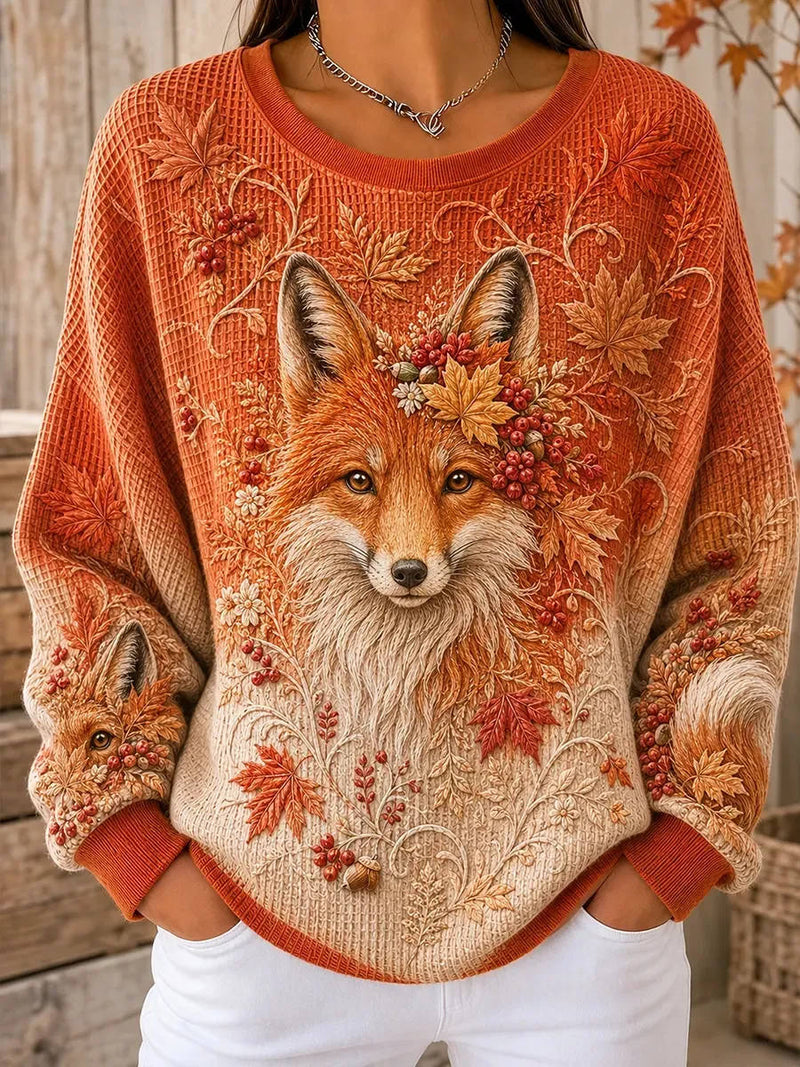Women's Thanksgiving Orange Fox Maple Leaf Berry Print Round Neck Long Sleeve Sweatshirt