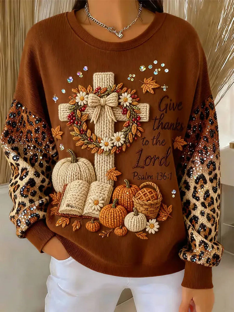 Women's Thanksgiving Brown Cross Pumpkin Leopard Sleeve Print Round Neck Long Sleeve Sweatshirt