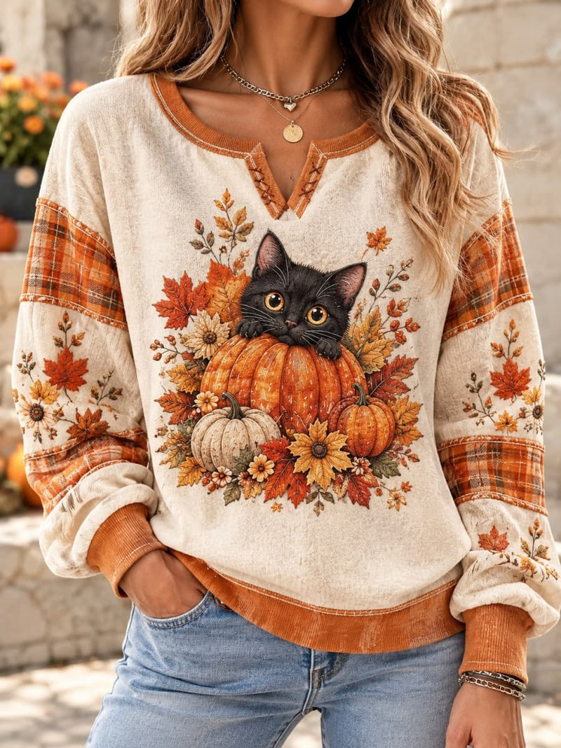 Women's Thanksgiving Beige Black Cat Pumpkin Print Notch Neck Long Sleeve Sweatshirt
