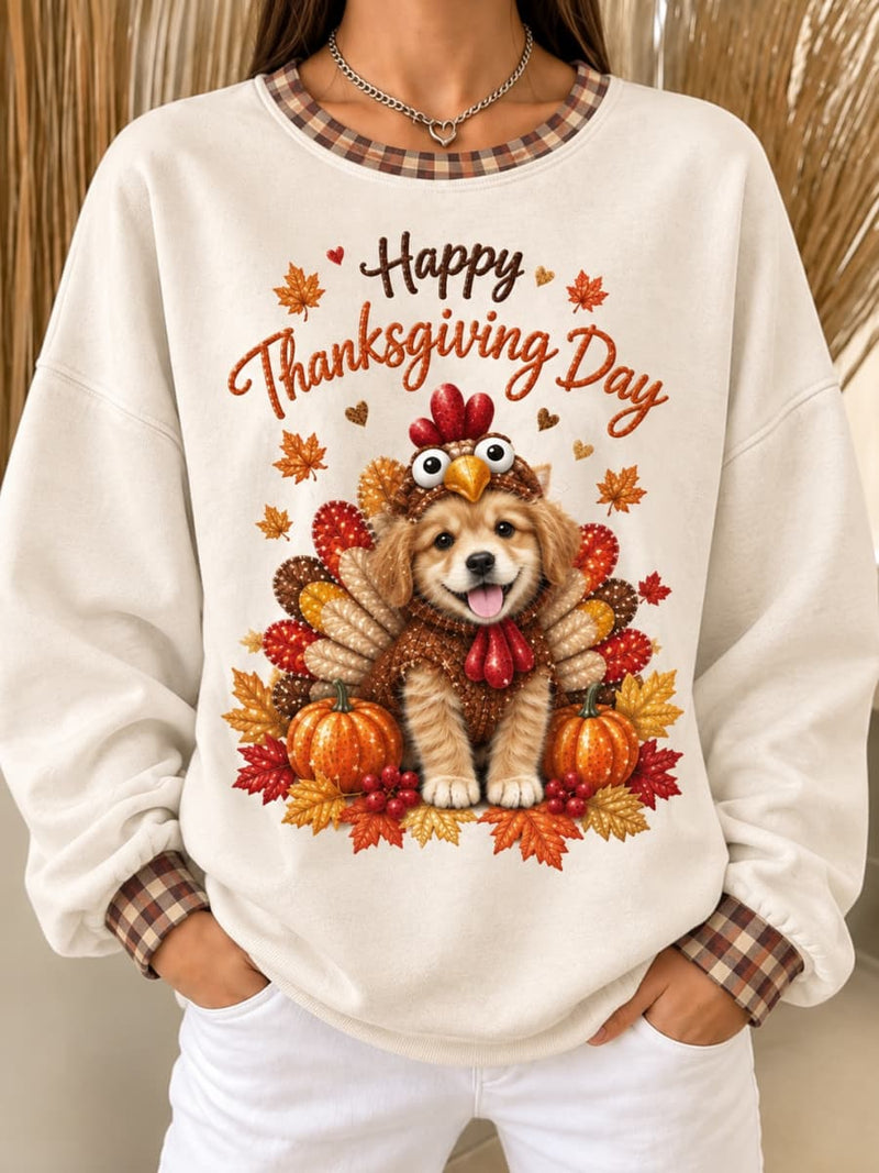 Women's Thanksgiving Beige Puppy Turkey Pumpkin Print Round Neck Long Sleeve Sweatshirt