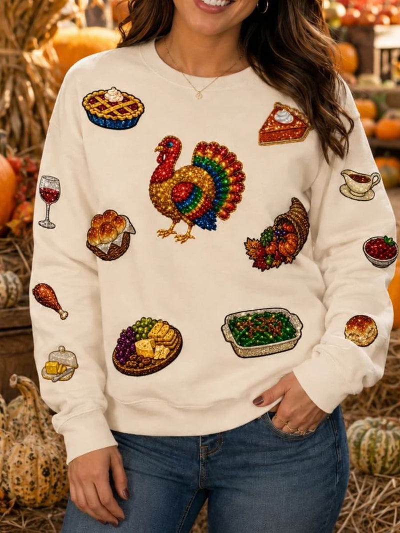 Women's Thanksgiving Off White Turkey Food Print Round Neck Long Sleeve Sweatshirt