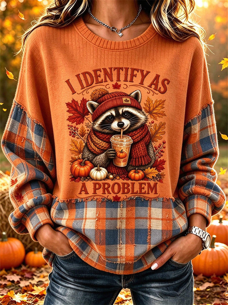 Women's Thanksgiving Orange Raccoon Pumpkin Plaid Splice Round Neck Long Sleeve Sweatshirt