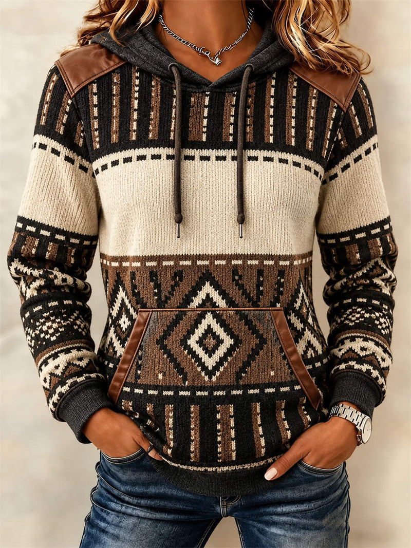 Women's Brown Cream Geometric Print Drawstring Hooded Long Sleeve Hoodie