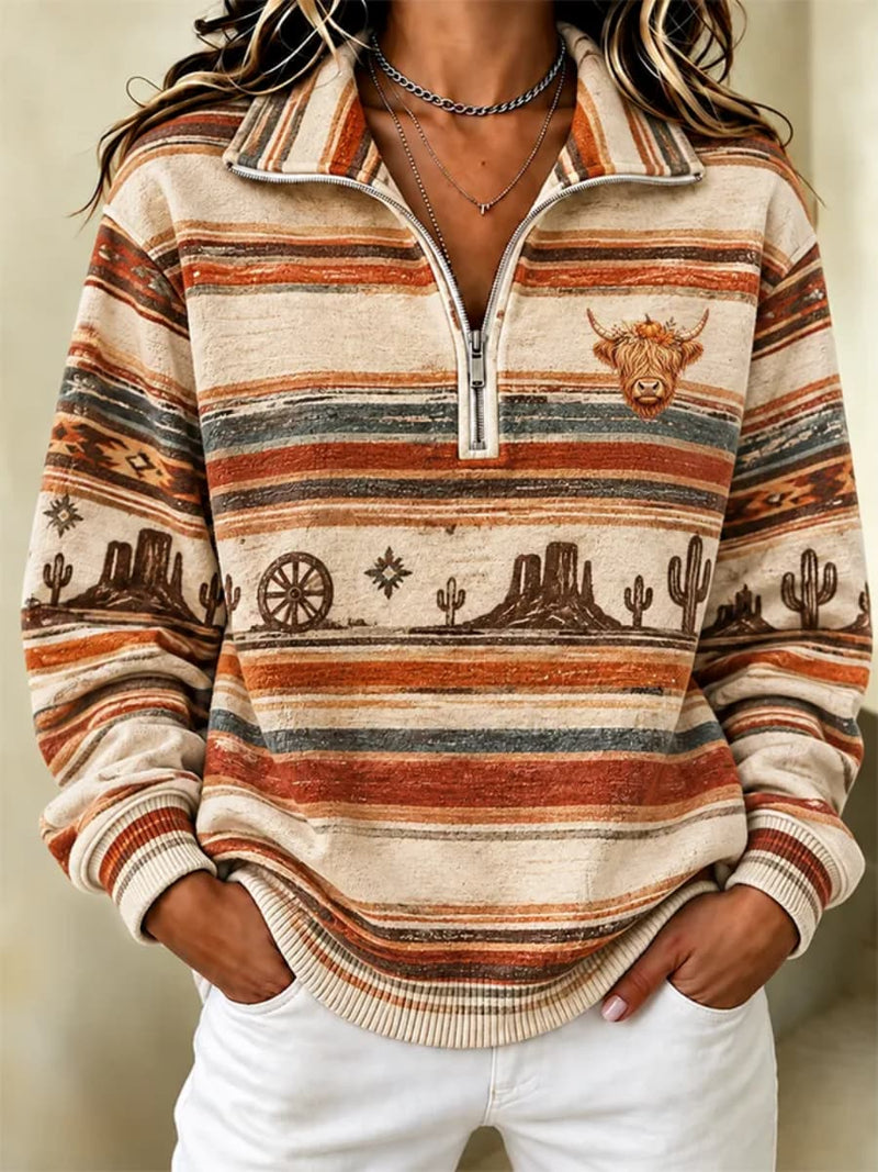 Women's Beige Western Highland Cow Cactus Stripe Print Half Zip Long Sleeve Sweatshirt