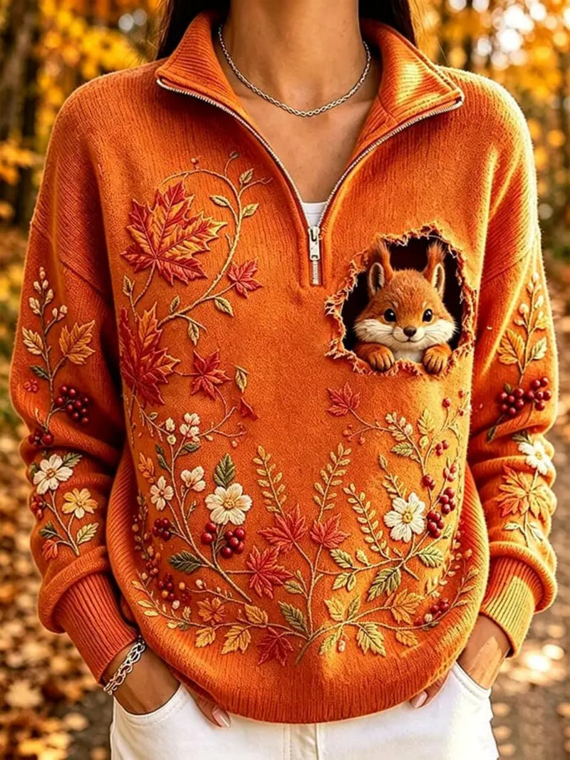 Women's Orange Squirrel Maple Leaf Floral Print Half Zip Long Sleeve Sweatshirt