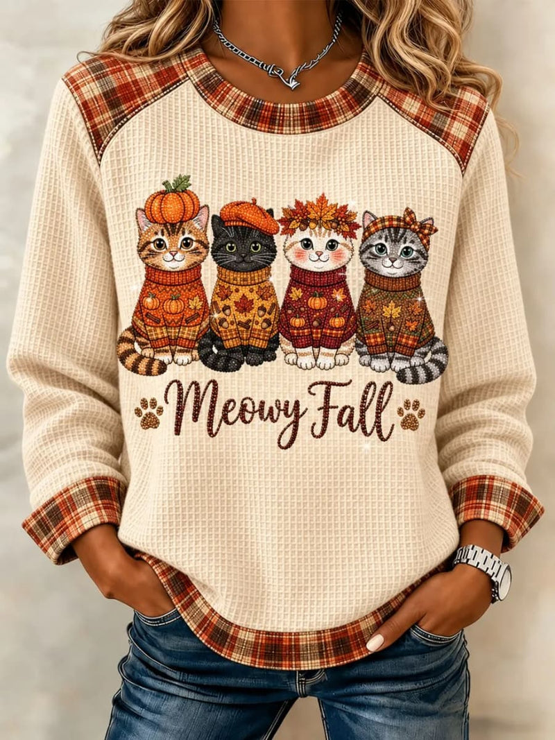 Women's Thanksgiving Beige Plaid Cute Cat Paw Letter Print Round Neck Long Sleeve Sweatshirt