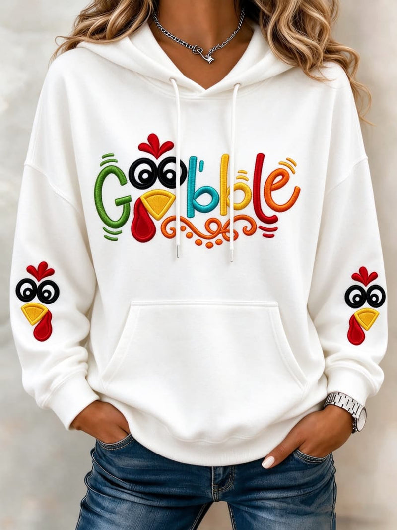 Women's Thanksgiving White Gobble Turkey Letter Print Hooded Long Sleeve Hoodie