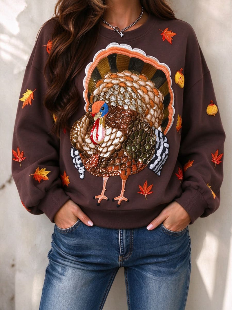 Women's Thanksgiving Dark Brown Turkey Maple Leaf Print Round Neck Long Sleeve Sweatshirt