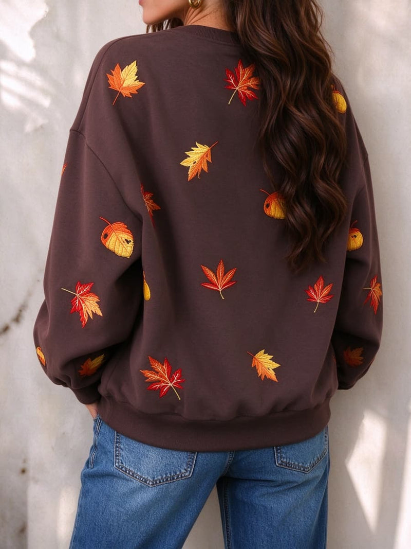 Women's Thanksgiving Dark Brown Turkey Maple Leaf Print Round Neck Long Sleeve Sweatshirt
