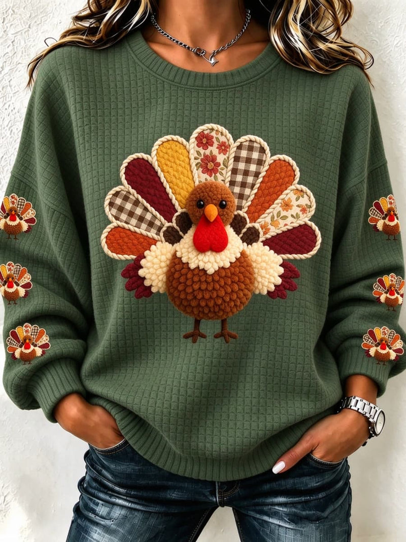 Women's Thanksgiving Green Cartoon Turkey Print Round Neck Long Sleeve Sweatshirt
