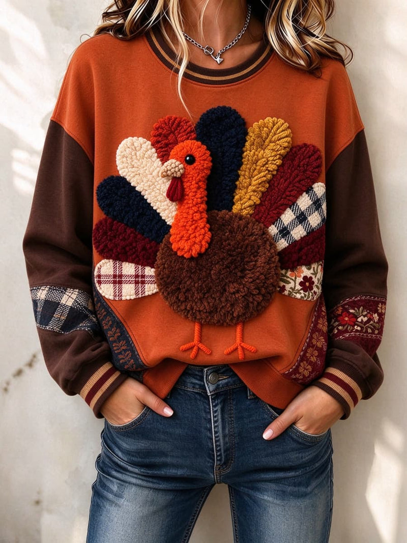 Women's Thanksgiving Orange Brown Color Block Turkey Print Round Neck Long Sleeve Sweatshirt
